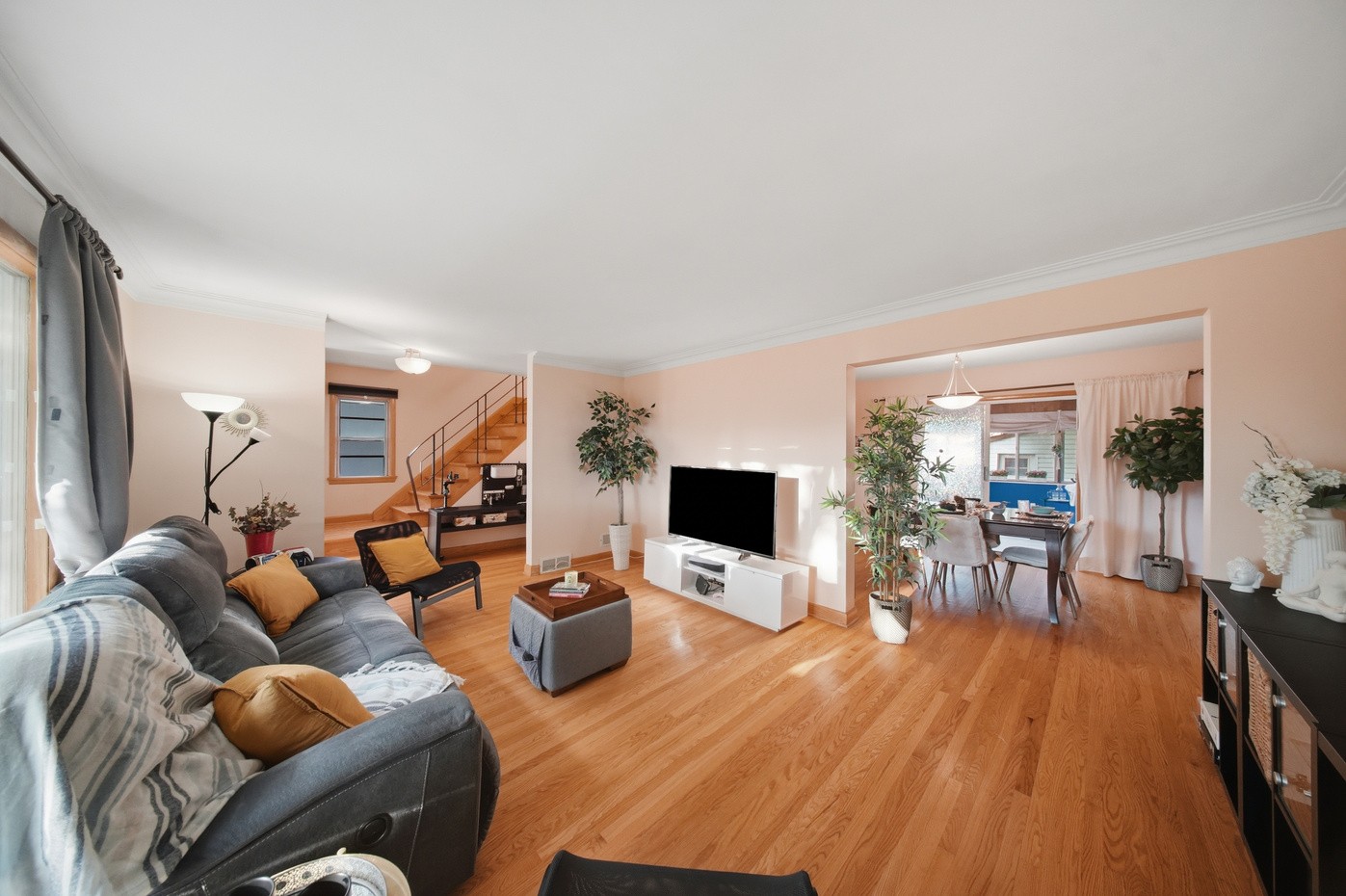 Bright living room with original hardwood floors
